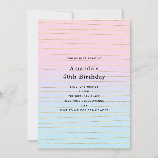 Invitation Pink Blue Pastel dégradé avec Gold Lines Anniversa (Devant)