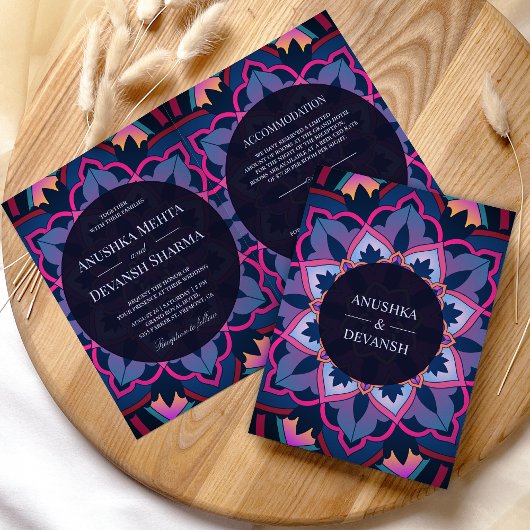 Invitation Pink Blue Purple Ethnic Mandala Mariage indien