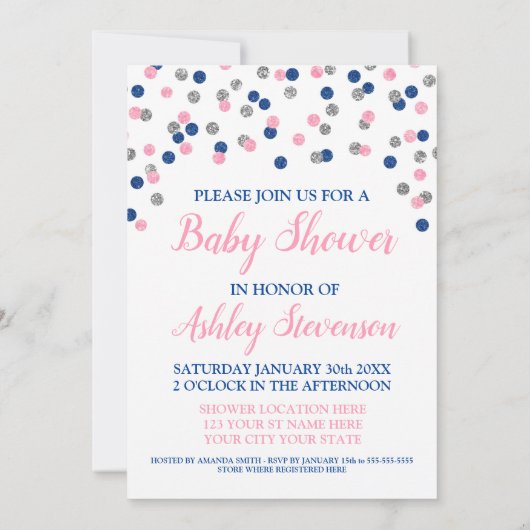 Invitation Pink Blue Silver Confetti Genre Neutre Douche (Dos)