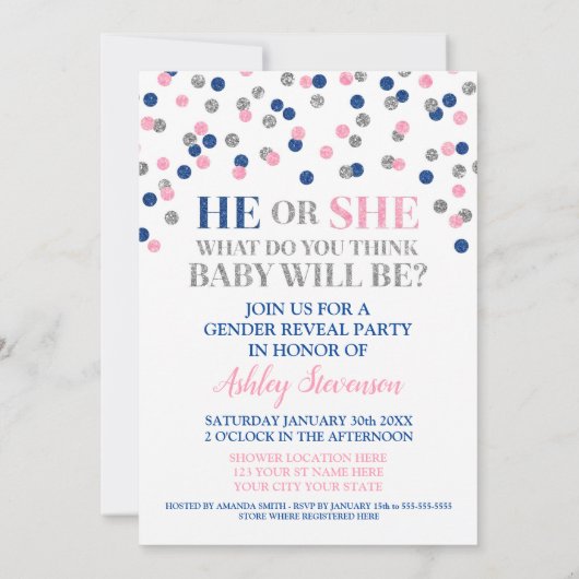 Invitation Pink Blue Silver Confetti Genre Révéler Douche (Dos)