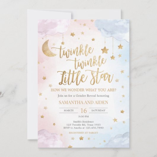 Invitation Pink Blue Twinkle Little Star Gender Reveal (Devant)