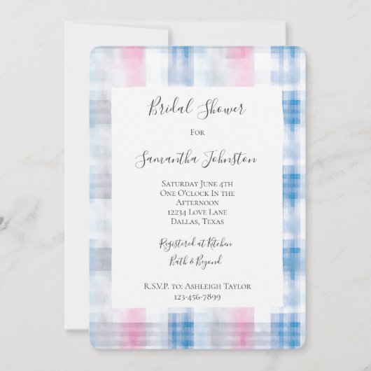 Invitation Pink Blue White Plaid Stripes Bridal Shower (Devant)
