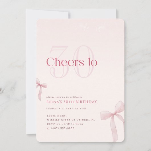 Invitation Pink Blush Bow Cheers to Thirty Birthday (Devant)