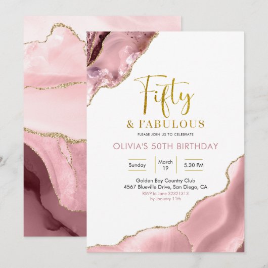 Invitation Pink Blush et Gold Cinquante et fabuleuse invitati (Devant / Derrière)