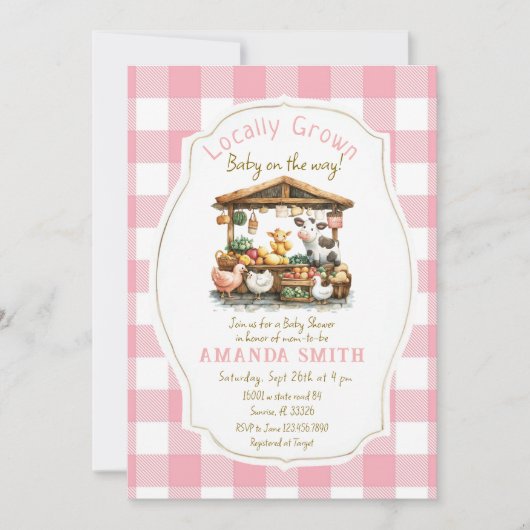 Invitation Pink Blush Farm En vichy Baby shower du marché (Devant)