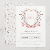 Invitation Pink Blush Fleur sauvage Aquarelle Crest Graduatio (Devant / Derrière)
