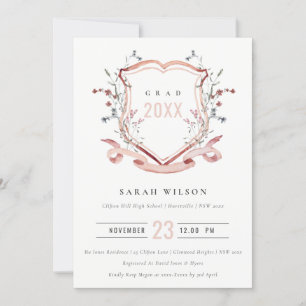 Invitation Pink Blush Fleur sauvage Aquarelle Crest Graduatio