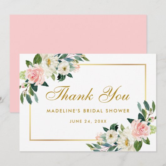 Invitation Pink Blush Floral Gold Fête des mariées Merci P (Devant / Derrière)