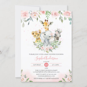 Invitation Pink Blush Floral Jungle Baby shower animal Safari