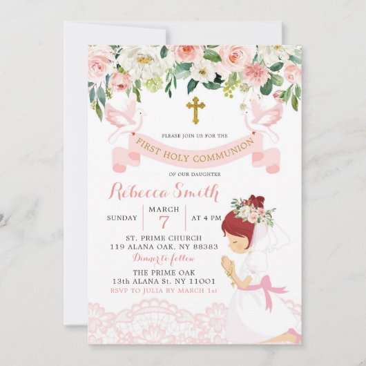 Invitation Pink Blush Floral Red Hair Première communion sain (Devant)