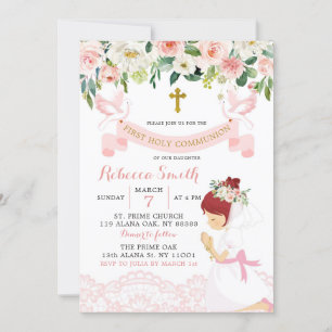 Invitation Pink Blush Floral Red Hair Première communion sain