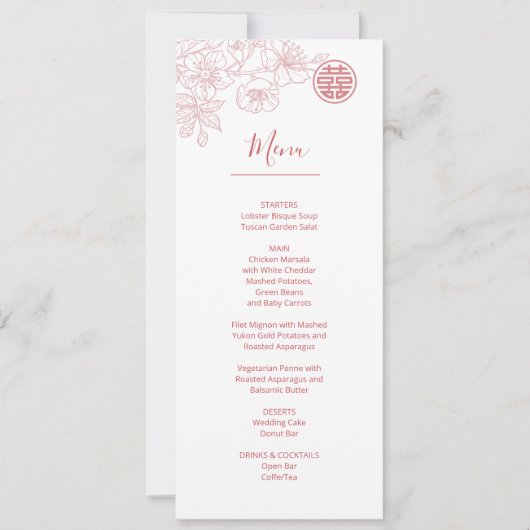 Invitation Pink Blush Florline Art Menu Mariage chinois (Devant)