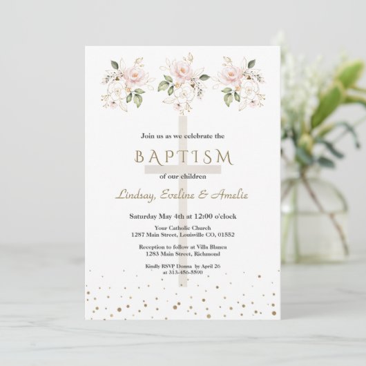 Invitation Pink Blush Flowers Gold Girls Triplets Baptism (Debout devant)