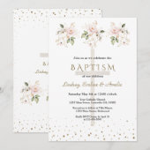 Invitation Pink Blush Flowers Gold Girls Triplets Baptism (Devant / Derrière)