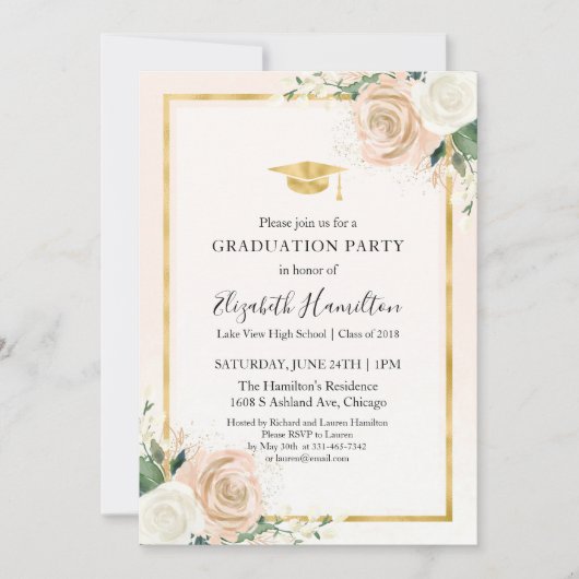 Invitation Pink Blush & Foil Gold Floral Graduation Party (Devant)