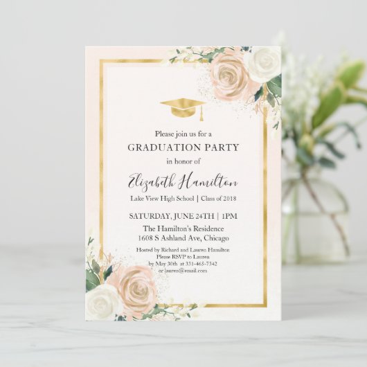 Invitation Pink Blush & Foil Gold Floral Graduation Party (Debout devant)