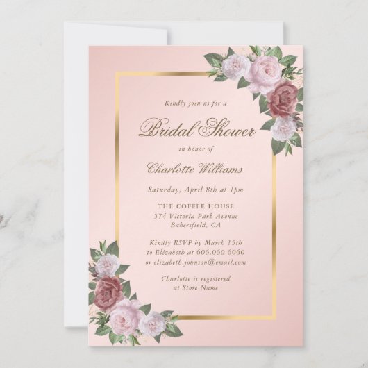 Invitation Pink Blush Gold Floral Douche nuptiale (Devant)