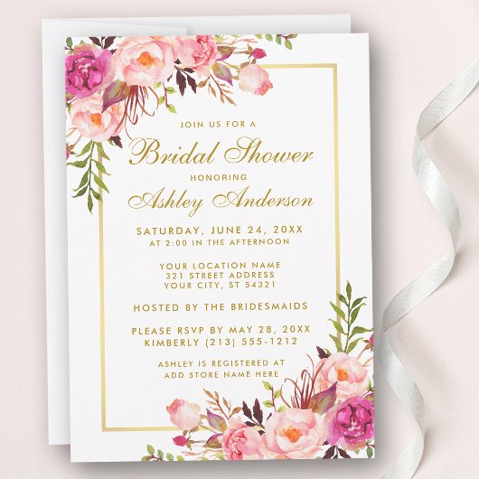 Invitation Pink Blush Gold Floral Douche nuptiale