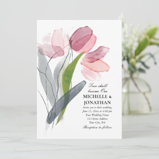 Invitation Pink Blush Grey Tulips Moderne Mariage chrétien (Debout devant)