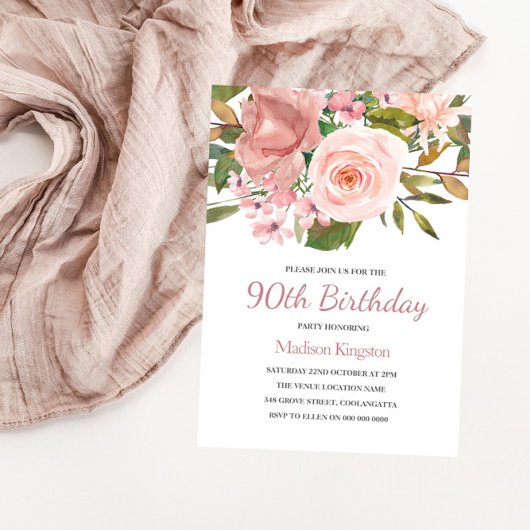 Invitation Pink Blush Rose Gold 90th Birthday Party Invitatio