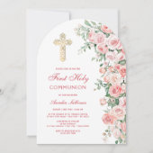 Invitation Pink Blush Roses Arch First Communion (Devant)