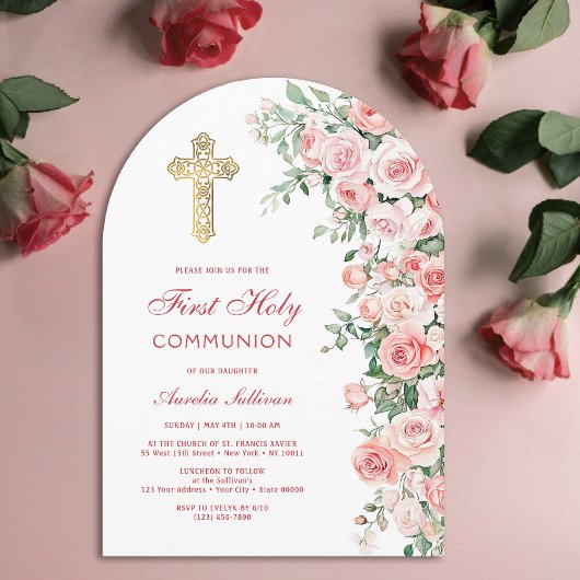 Invitation Pink Blush Roses Arch First Communion