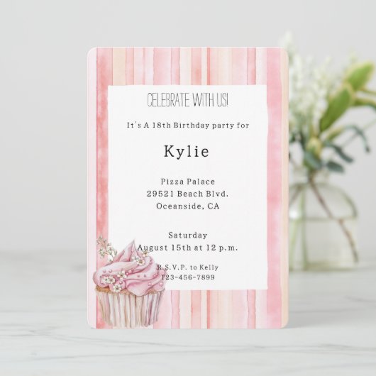 Invitation Pink Blush Stripes Floral Cupcake Anniversaire (Debout devant)