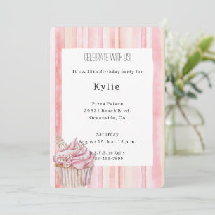 Invitation Pink Blush Stripes Floral Cupcake Anniversaire