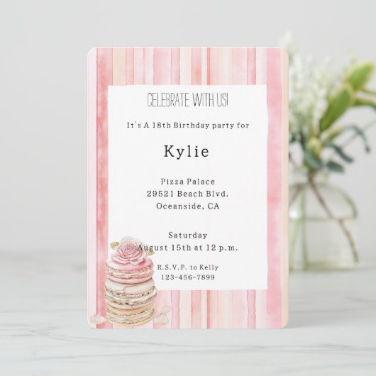 Invitation Pink Blush Stripes Macaron Rose Floral Anniversair (Debout devant)