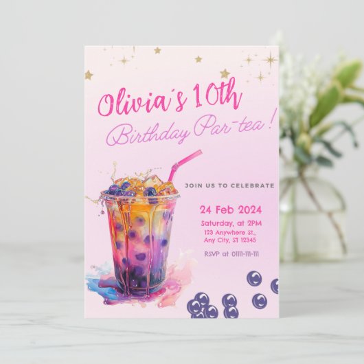 Invitation Pink Boba Tea Girl Anniversaire Fête Ado (Debout devant)