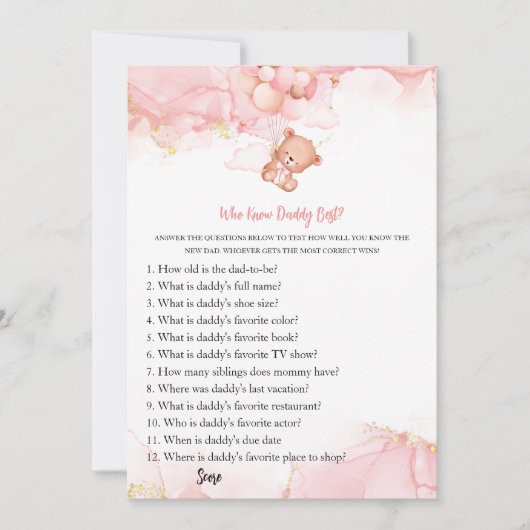 Invitation Pink Boho Bear Baby shower Conseils de jeu pour pa (Devant)