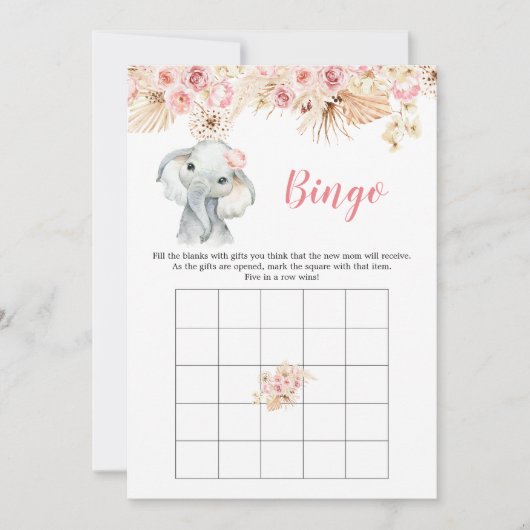 Invitation Pink Boho Elephant Girl Baby shower Bingo Jeu (Devant)