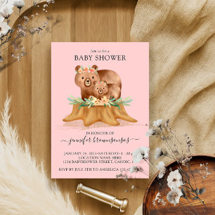 Invitation Pink Boho Famille Ours Maman Baby shower