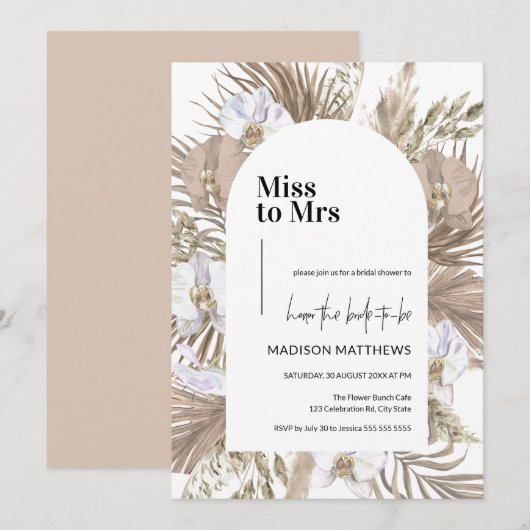 Invitation Pink Boho Floral Arch Mlle à Mme Fête des mariées (Devant / Derrière)