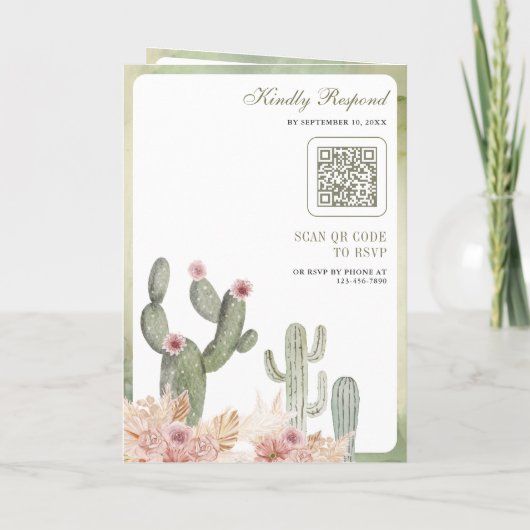 Invitation Pink Boho Floral Pampas Cactus QR Code Wedding (Dos)