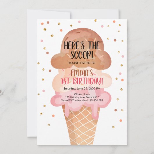 Invitation Pink Boho Ice Cream Cone Confetti Anniversaire Inv (Devant)