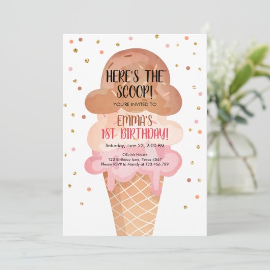 Invitation Pink Boho Ice Cream Cone Confetti Anniversaire Inv (Debout devant)
