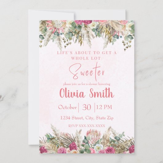 Invitation Pink Boho Pampas Grass Floral Bridal Shower (Devant)