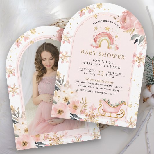 Invitation Pink Boho Rainbow Winter Photo Baby shower