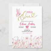 Invitation Pink Boho Wildflower Butterfly First Birthday (Devant)