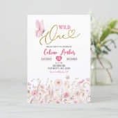 Invitation Pink Boho Wildflower Butterfly First Birthday (Debout devant)