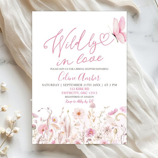 Invitation Pink Boho Wildflower Wildly in Love Bridal Shower