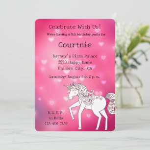 Invitation Pink Bokeh Hearts Unicorn Anniversaire