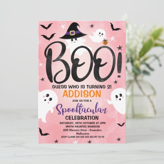 Invitation Pink Boo Ghost Fête d'Halloween Anniversaire Invit (Debout devant)