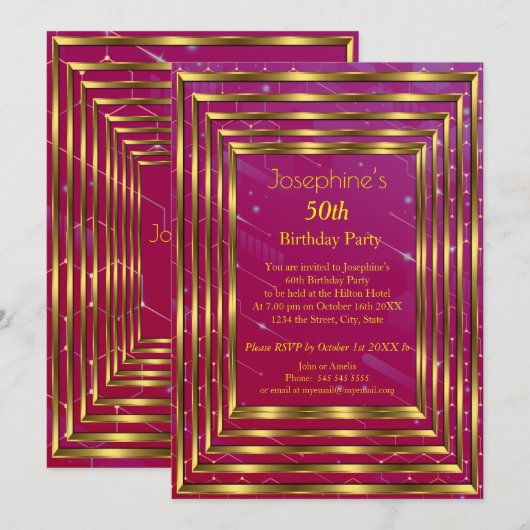 Invitation Pink Bourgogne 50e Anniversaire Party Gold (Devant / Derrière)
