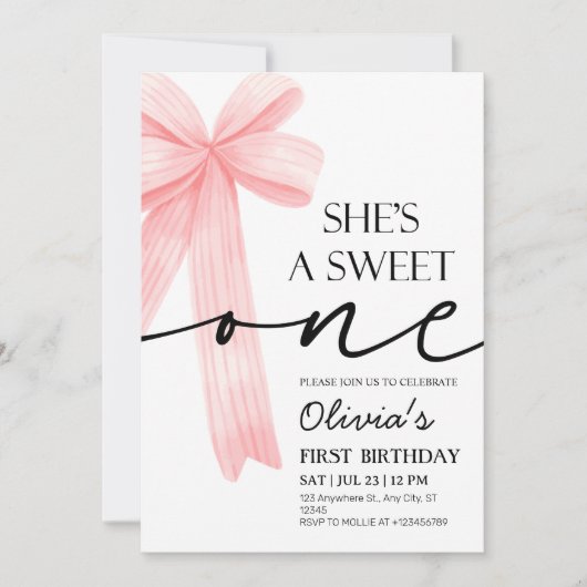Invitation Pink Bow 1er anniversaire (Devant)