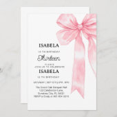 Invitation Pink Bow 1er anniversaire, Elégant 1er ruban rose (Devant / Derrière)