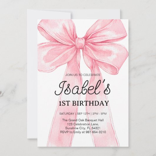 Invitation Pink Bow 1er anniversaire, Elégant 1er ruban rose (Devant)