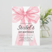 Invitation Pink Bow 1er anniversaire, Elégant 1er ruban rose (Debout devant)