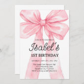 Invitation Pink Bow 1er anniversaire, Elégant 1er ruban rose (Devant / Derrière)